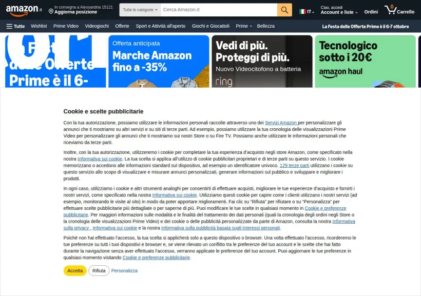 Schermata della pagina offerta di Amazon