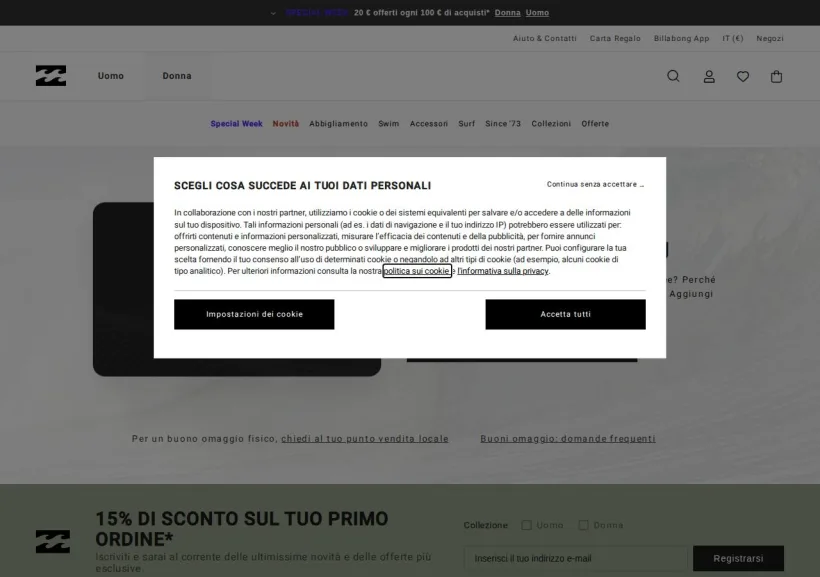 Schermata della pagina offerta di Billabong
