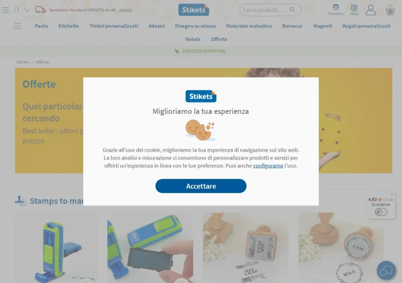 Schermata della pagina offerta di Stikets