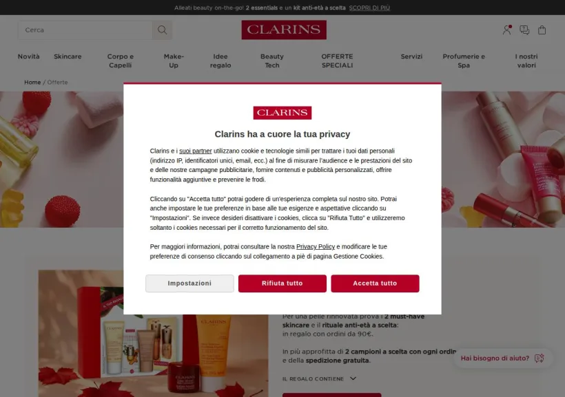 Schermata della pagina offerta di Clarins