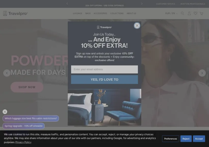 Schermata della pagina offerta di Travelpro