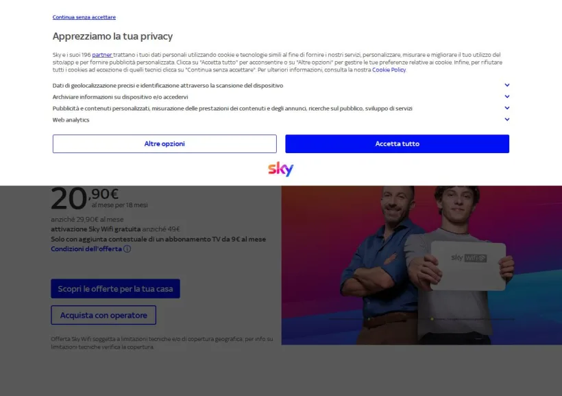 Schermata della pagina offerta di SKY