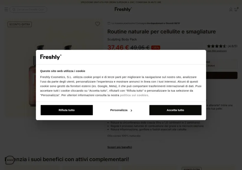 Schermata della pagina offerta di Freshly Cosmetics
