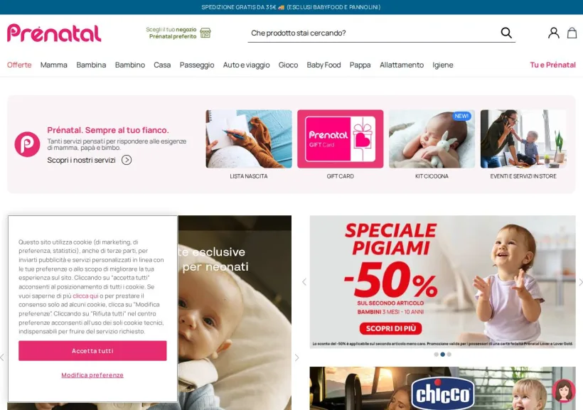 Schermata della pagina offerta di Prenatal