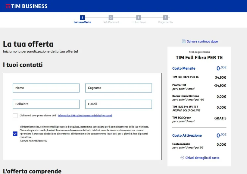 Schermata della pagina offerta di TIM BUSINESS
