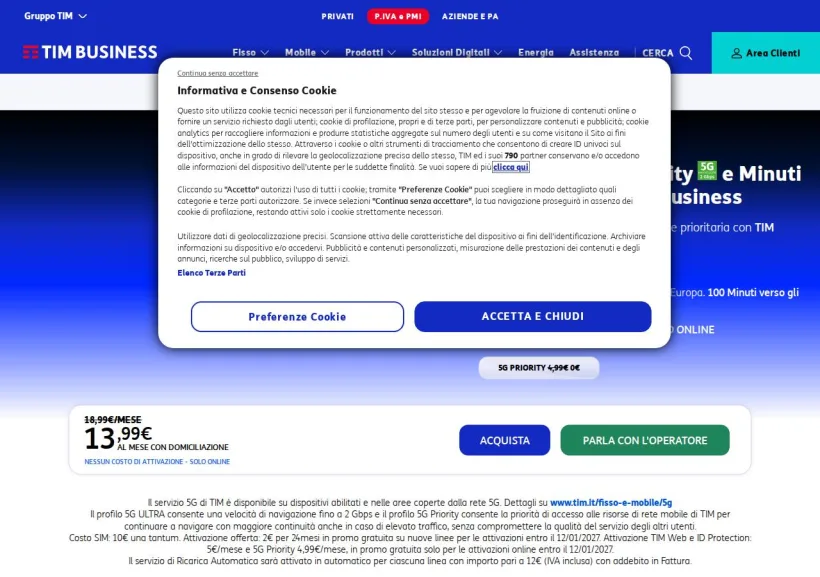 Schermata della pagina offerta di TIM BUSINESS