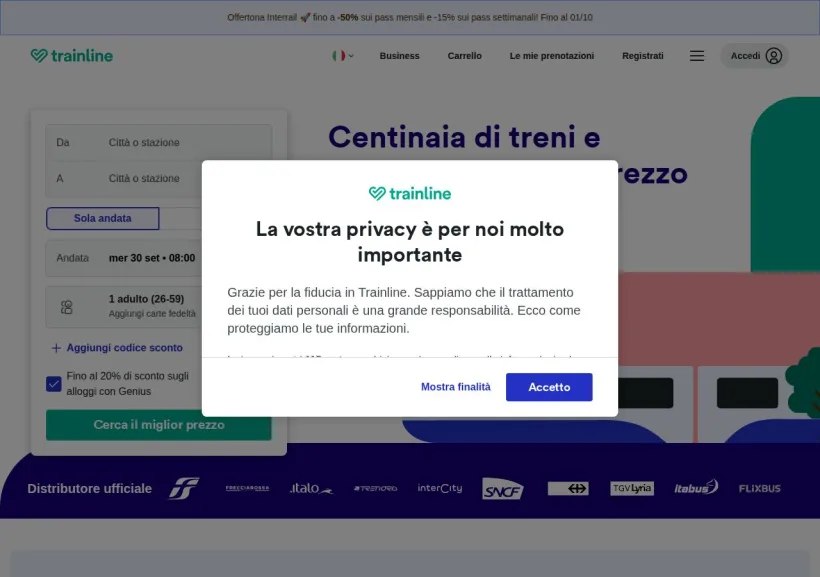 Schermata della pagina offerta di Trainline