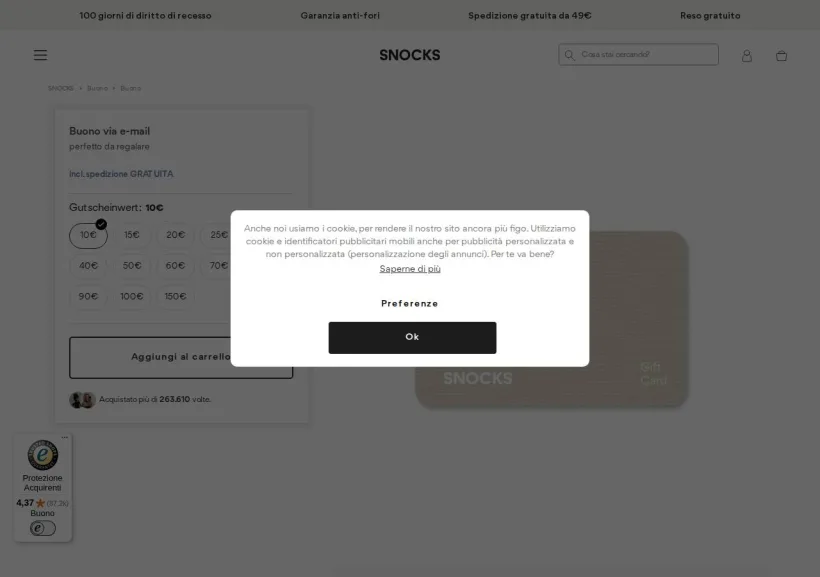 Schermata della pagina offerta di Snocks
