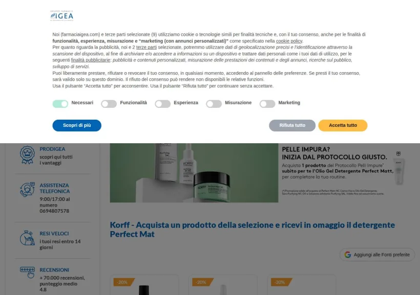 Schermata della pagina offerta di Farmacia Igea