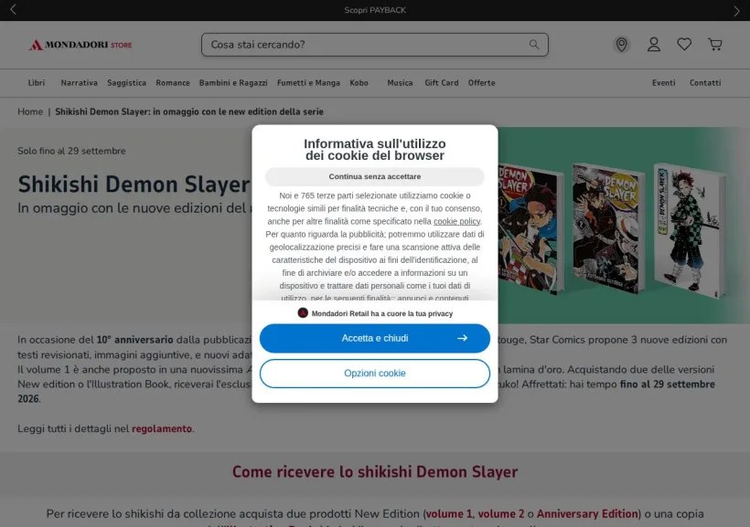 Schermata della pagina offerta di Mondadori Store