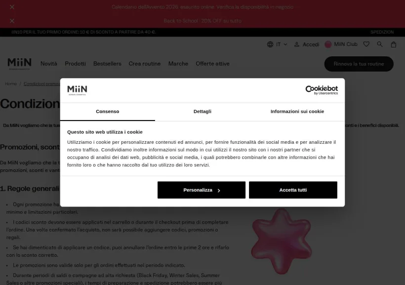 Schermata della pagina offerta di Miin Cosmetics