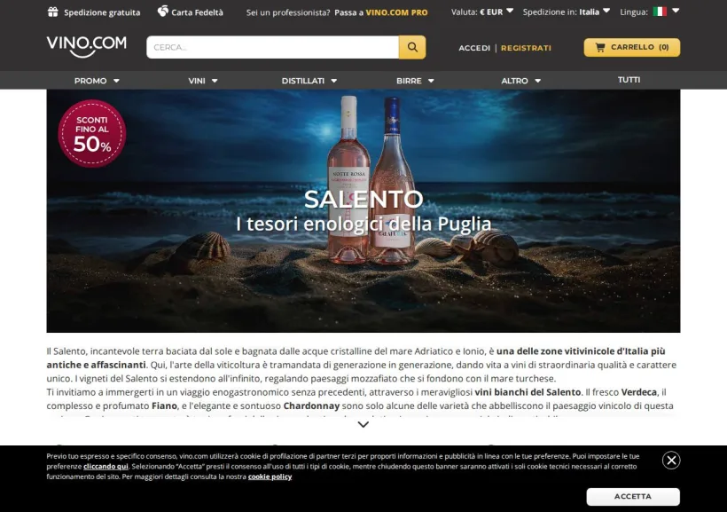 Schermata della pagina offerta di Vino.com