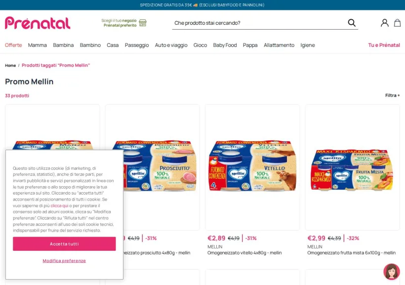 Schermata della pagina offerta di Prenatal