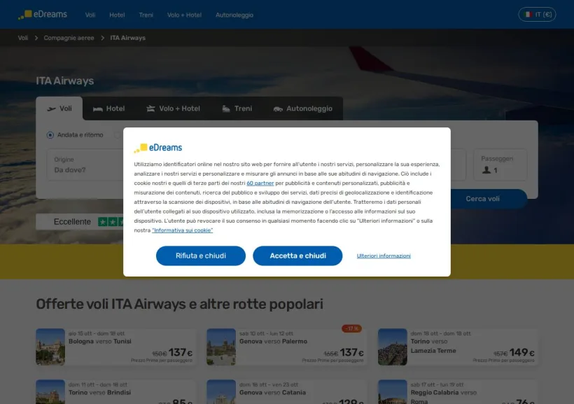 Schermata della pagina offerta di eDreams