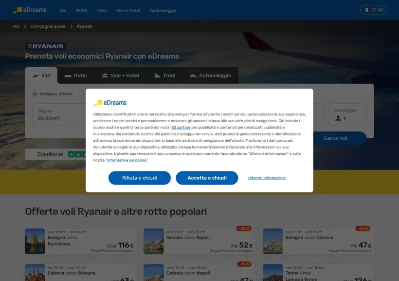 Schermata della pagina offerta di eDreams