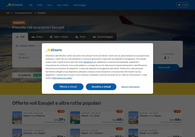 Schermata della pagina offerta di eDreams