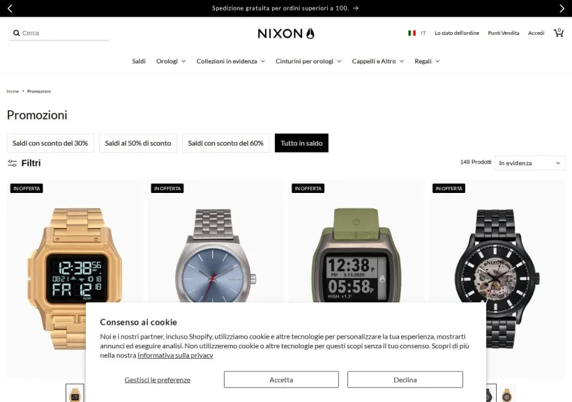 Schermata della pagina offerta di Nixon