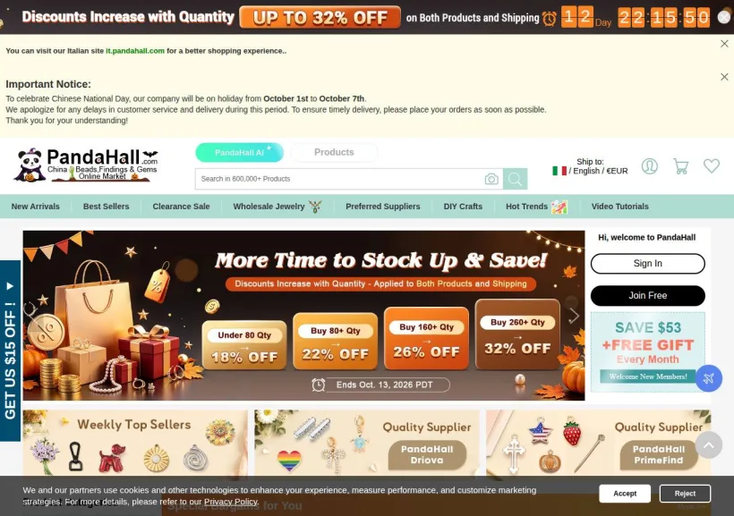 Schermata della pagina offerta di PandaHall