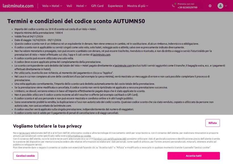 Schermata della pagina offerta di Lastminute.com