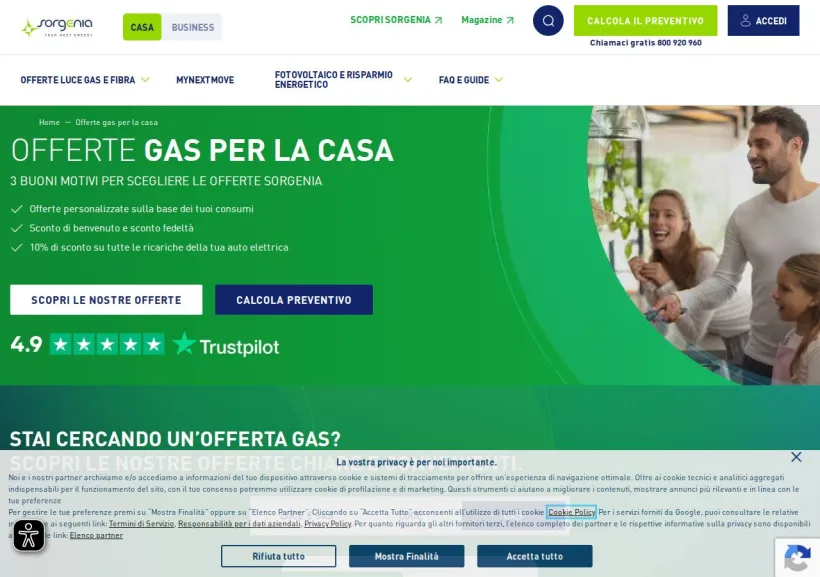 Schermata della pagina offerta di Sorgenia