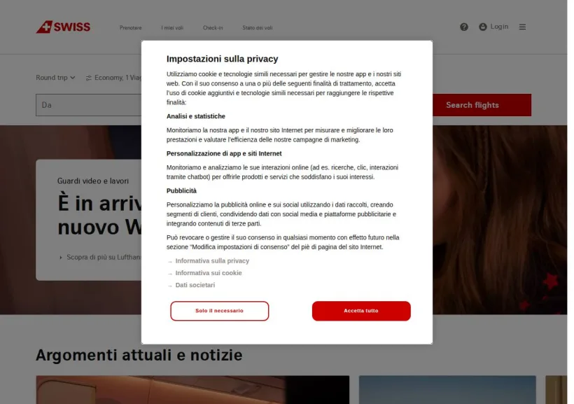 Schermata della pagina offerta di Swiss Air