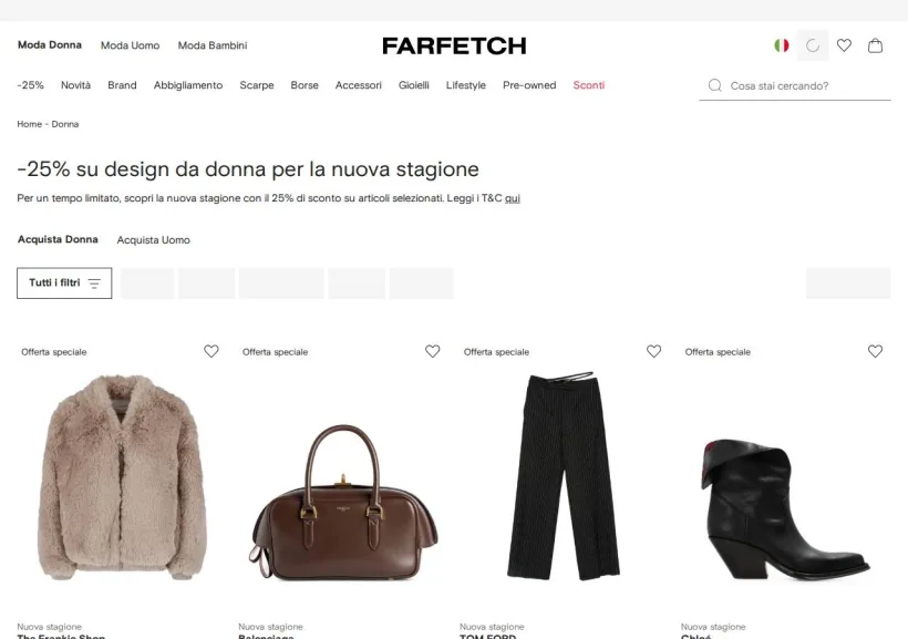 Schermata della pagina offerta di Farfetch