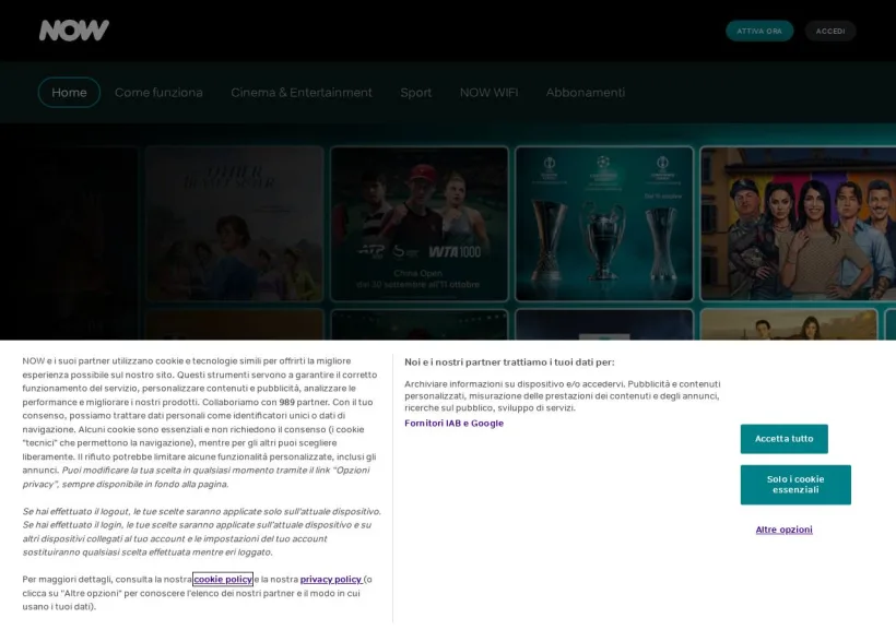 Schermata della pagina offerta di Now TV