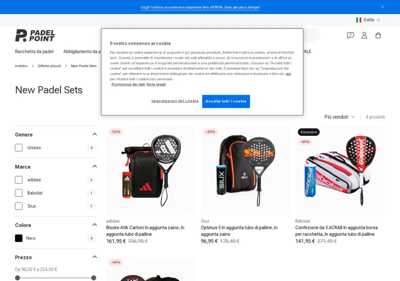 Schermata della pagina offerta di Padel-Point