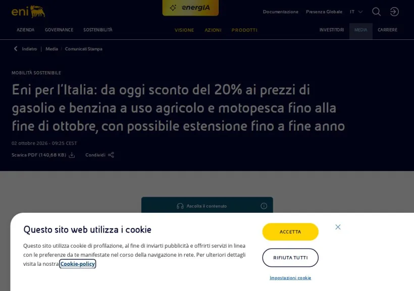 Schermata della pagina offerta di Eni Gas e Luce