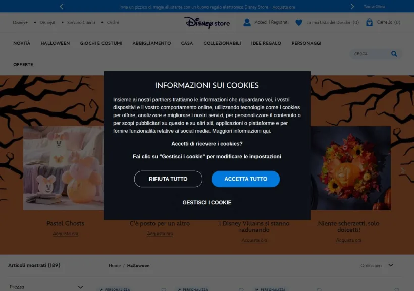 Schermata della pagina offerta di Shop Disney