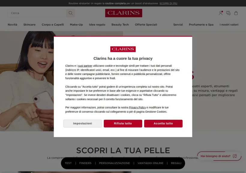Schermata della pagina offerta di Clarins