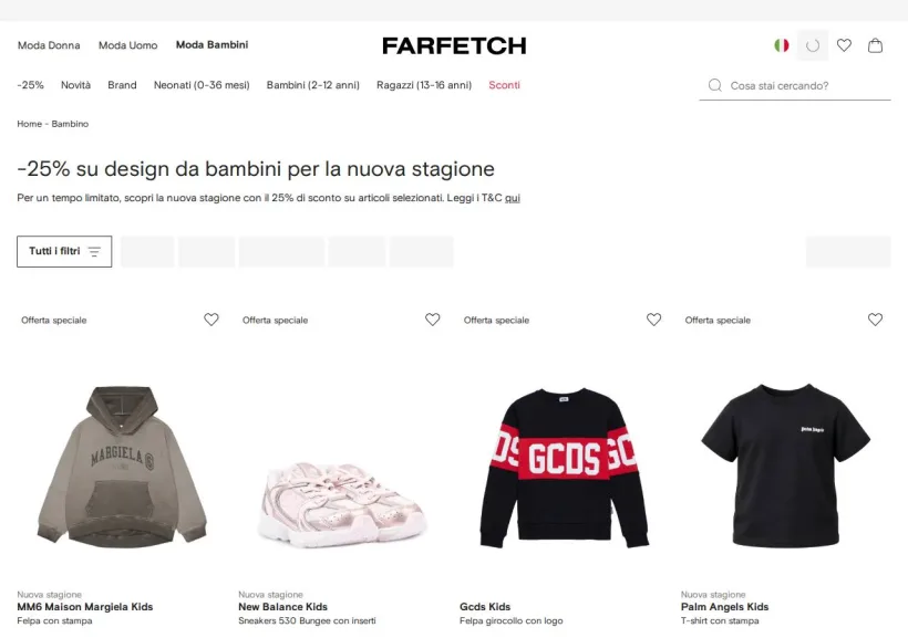 Schermata della pagina offerta di Farfetch