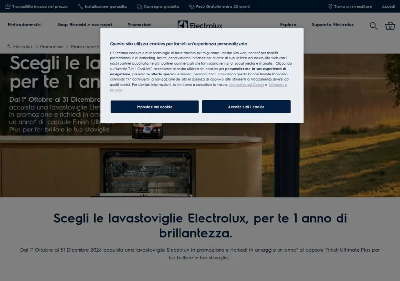 Schermata della pagina offerta di Shop Electrolux