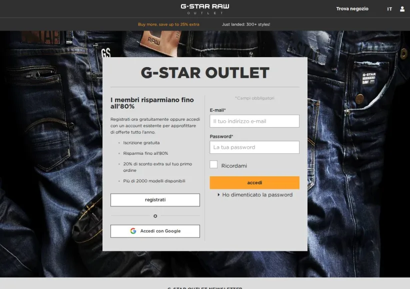 Schermata della pagina offerta di G-Star