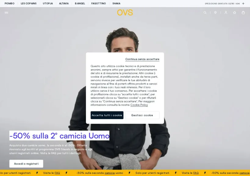 Schermata della pagina offerta di OVS