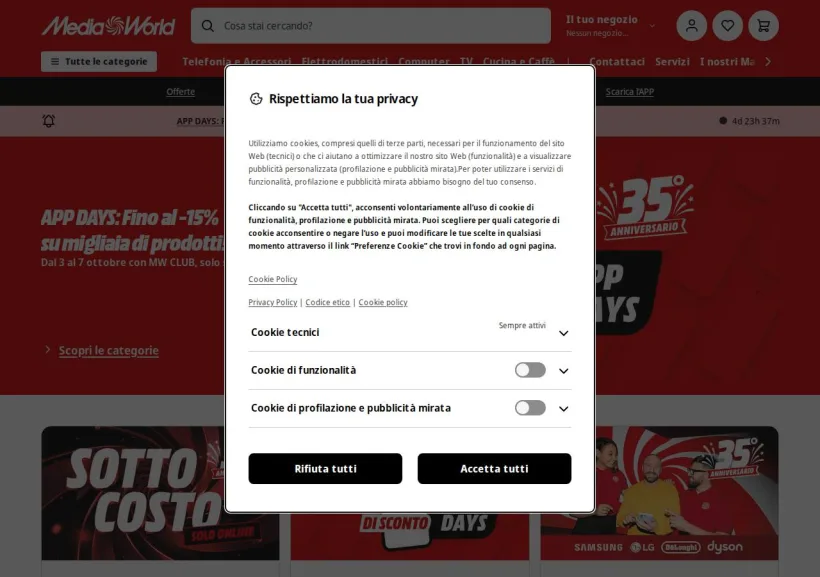 Schermata della pagina offerta di Mediaworld