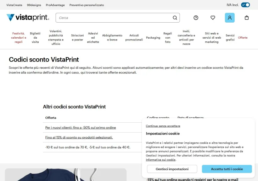 Schermata della pagina offerta di Vistaprint