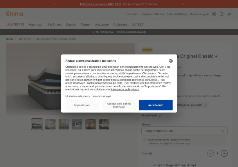 Schermata della pagina offerta di Emma Mattress