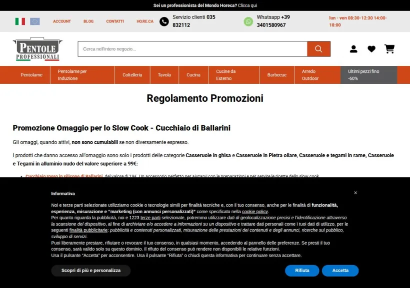 Schermata della pagina offerta di Pentole Professionali
