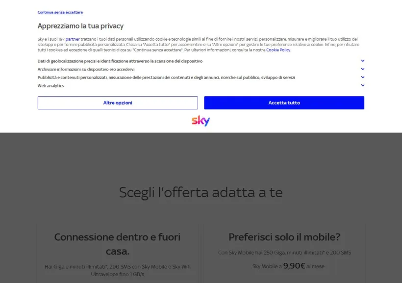 Schermata della pagina offerta di Sky Wifi