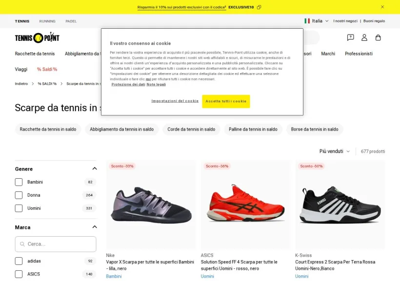Schermata della pagina offerta di Tennis Point