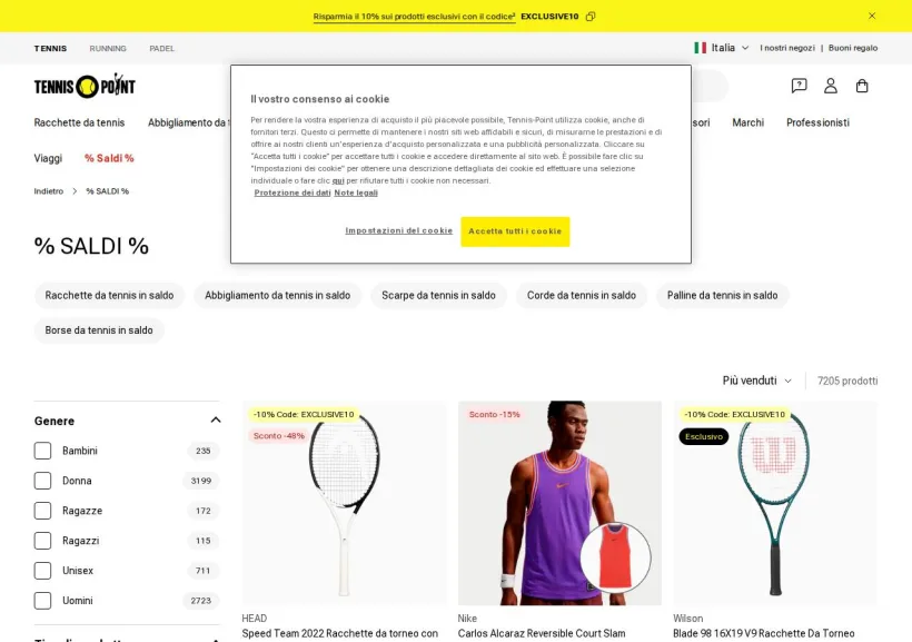 Schermata della pagina offerta di Tennis Point