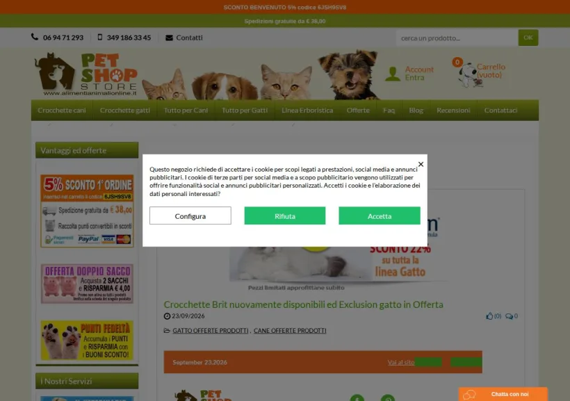 Schermata della pagina offerta di Pet Shop Store