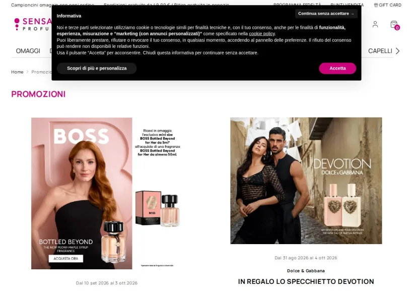 Schermata della pagina offerta di SensationProfumerie