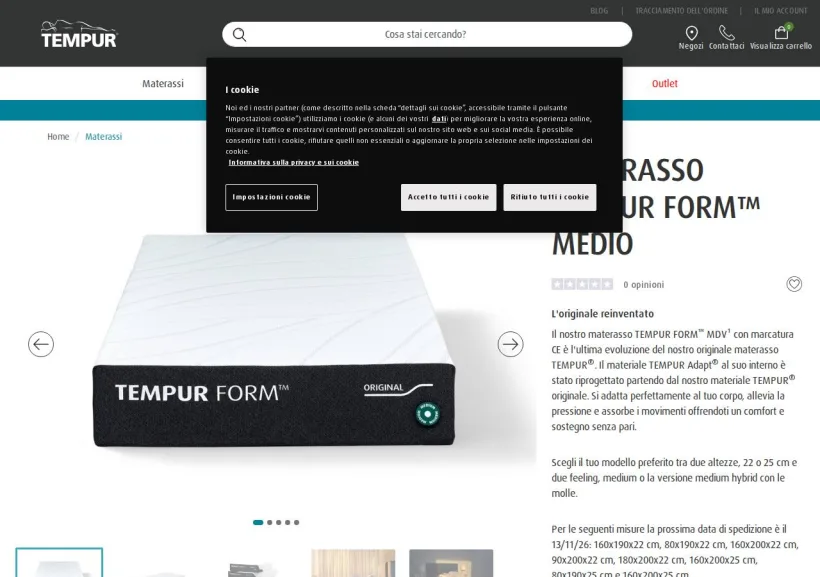Schermata della pagina offerta di Tempur