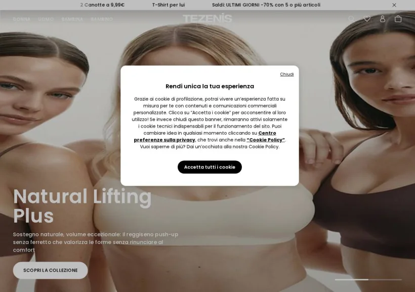 Schermata della pagina offerta di Tezenis
