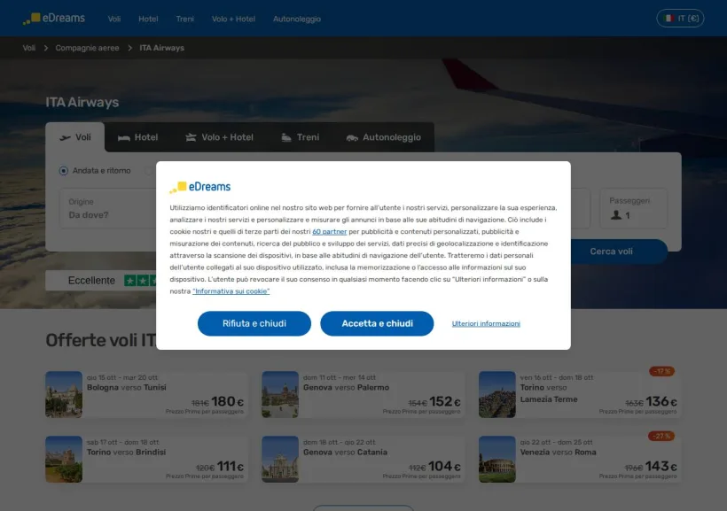 Schermata della pagina offerta di eDreams