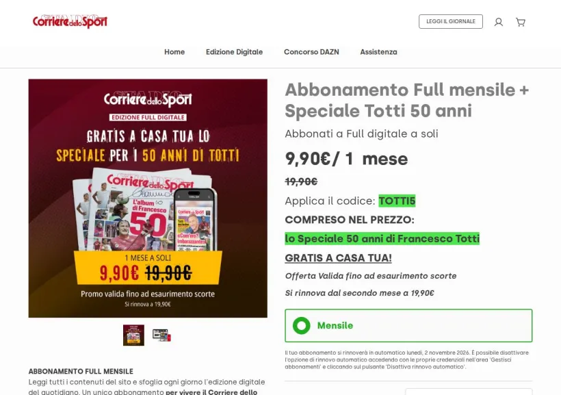 Schermata della pagina offerta di Corriere dello Sport