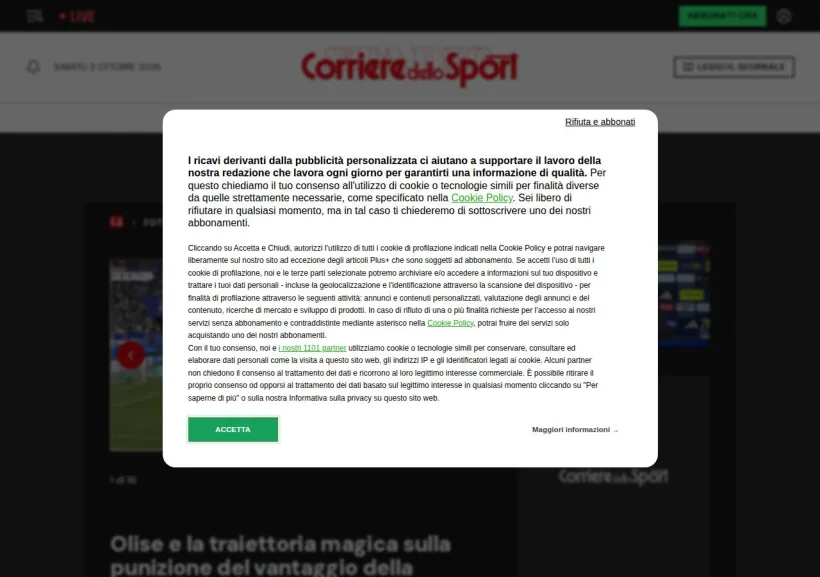 Schermata della pagina offerta di Corriere dello Sport