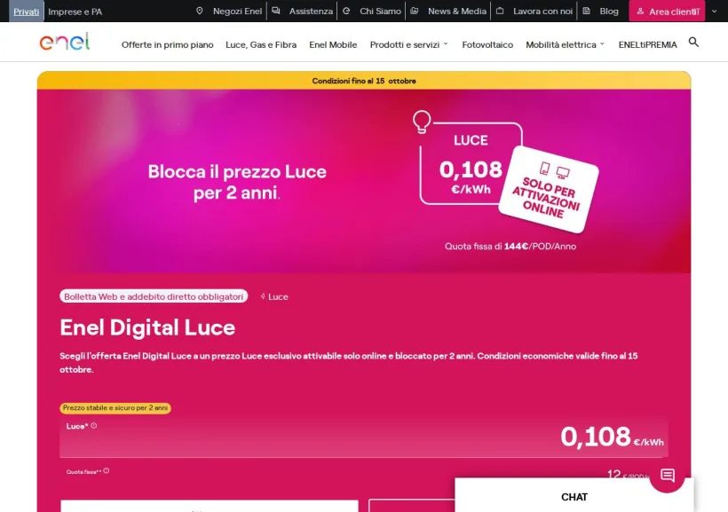 Schermata della pagina offerta di Enel